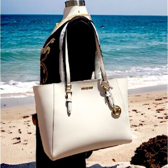 MICHAEL KORS LEATHER LT CREAM TOTE LAPTOP SHOULDER BAG WOMEN HANDBAGS - Picture 7 of 8